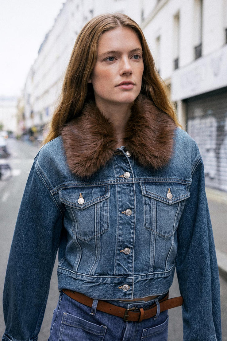 Emorelle™ Denim Jacket with Brown Fur Collar