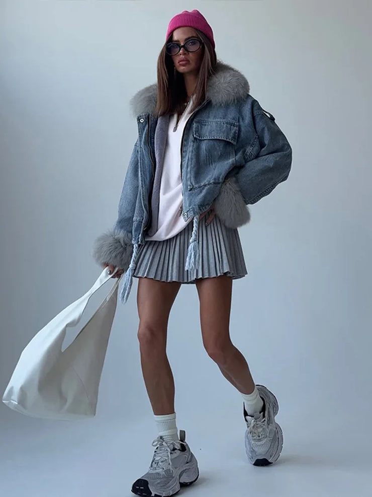 Emorelle™ Denim Faux Fur Collar Jacket