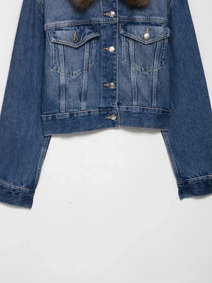 Emorelle™ Denim Jacket with Brown Fur Collar