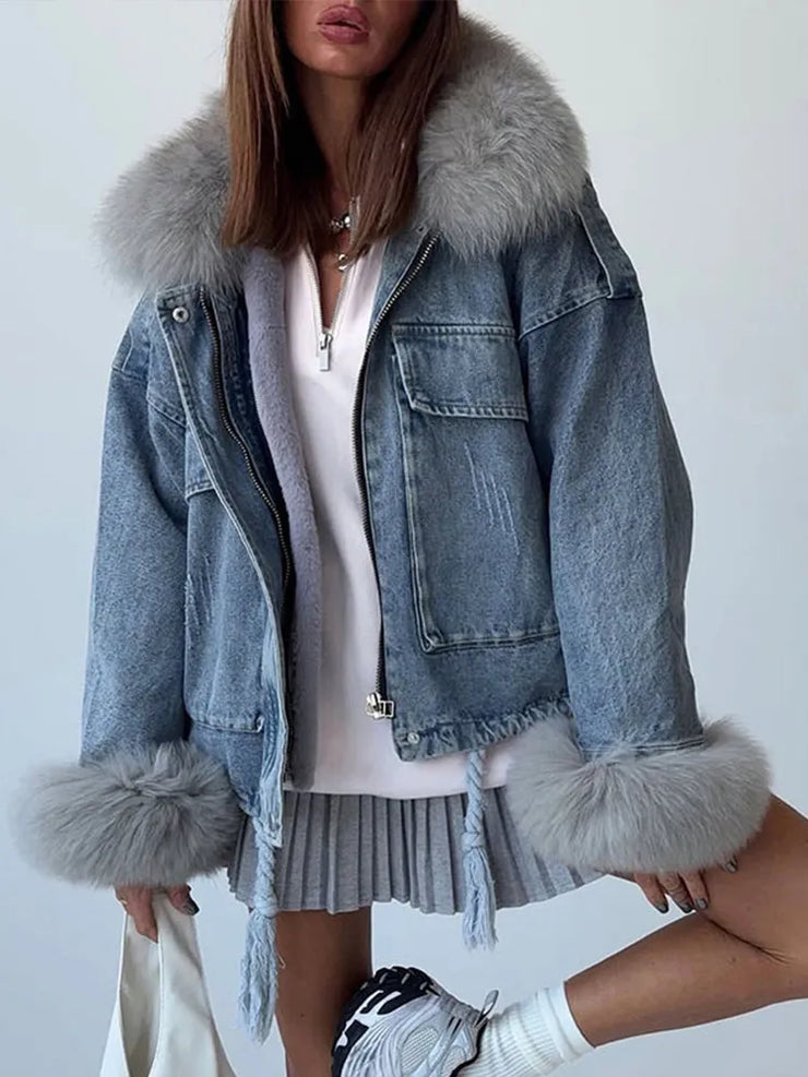 Emorelle™ Denim Faux Fur Collar Jacket