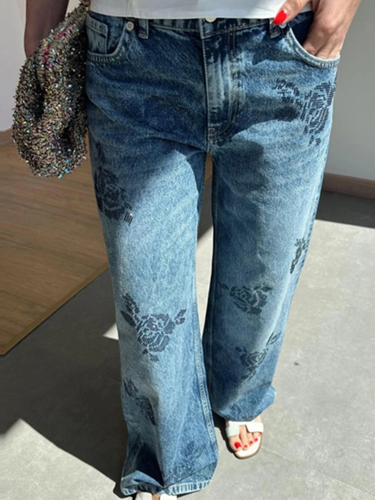 Emorelle™ Denim Rose Printed Pants