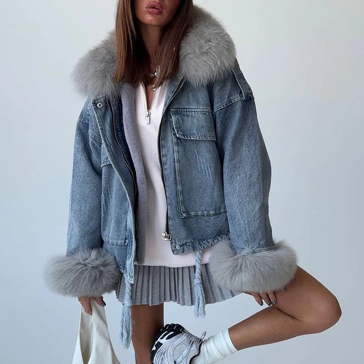 Emorelle™ Denim Faux Fur Collar Jacket