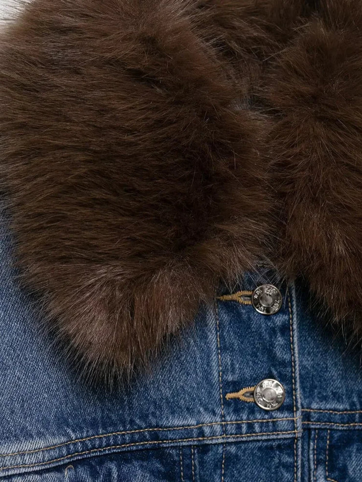 Emorelle™ Denim Jacket with Brown Fur Collar