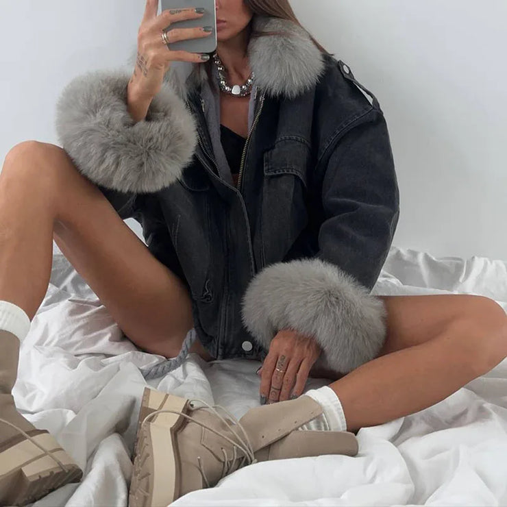 Emorelle™ Denim Faux Fur Collar Jacket