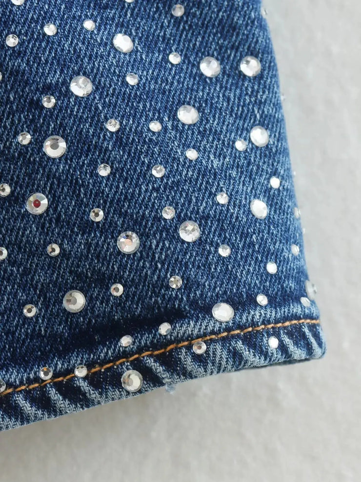 Emorelle™ Strappy Denim Crop Top with Rhinestones