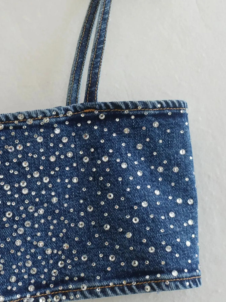 Emorelle™ Strappy Denim Crop Top with Rhinestones