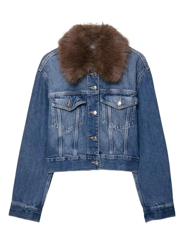 Emorelle™ Denim Jacket with Brown Fur Collar