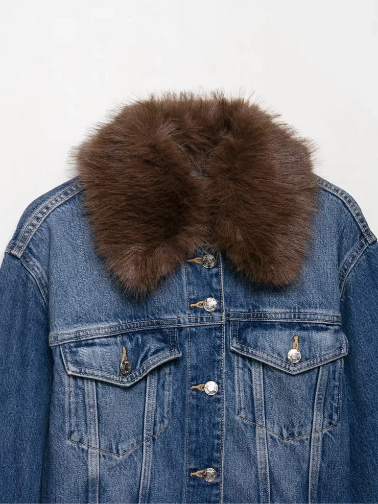 Emorelle™ Denim Jacket with Brown Fur Collar