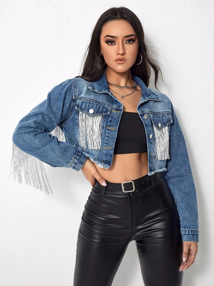 Emorelle™ Denim Fringe Cropped Jacket