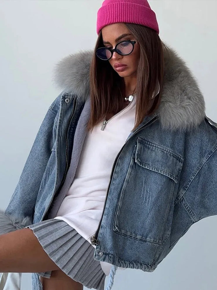 Emorelle™ Denim Faux Fur Collar Jacket