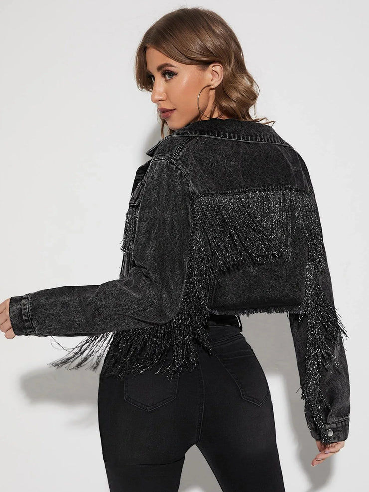 Emorelle™ Denim Fringe Cropped Jacket