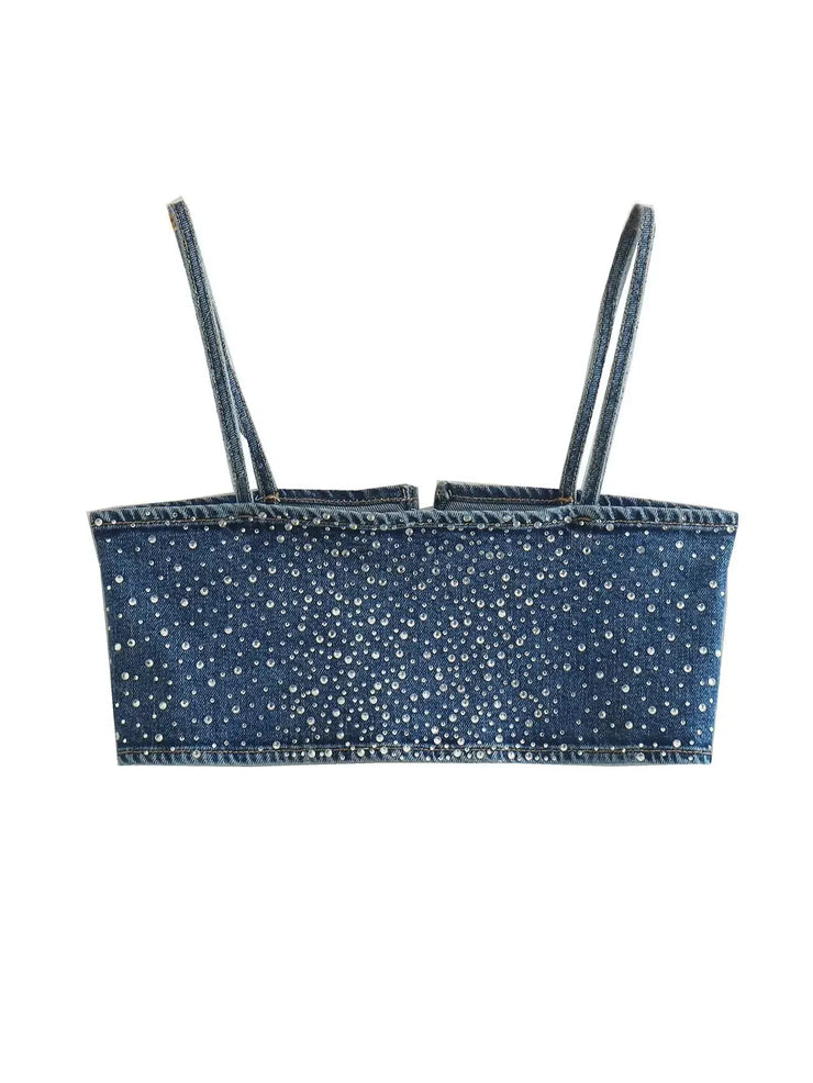 Emorelle™ Strappy Denim Crop Top with Rhinestones