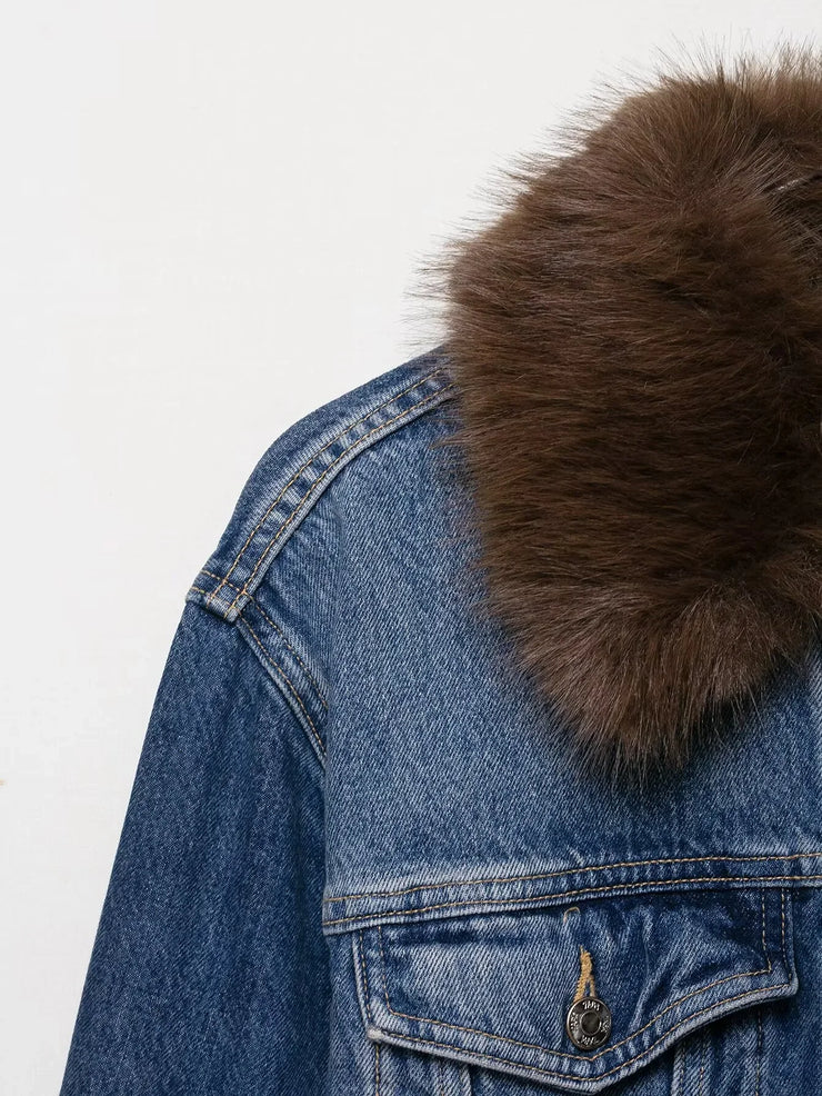 Emorelle™ Denim Jacket with Brown Fur Collar