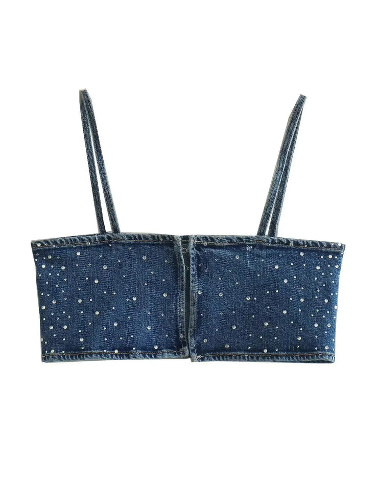 Emorelle™ Strappy Denim Crop Top with Rhinestones