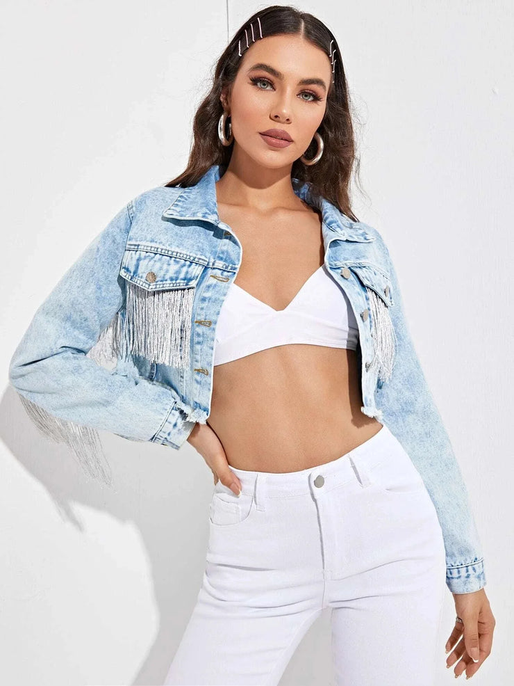 Emorelle™ Denim Fringe Cropped Jacket