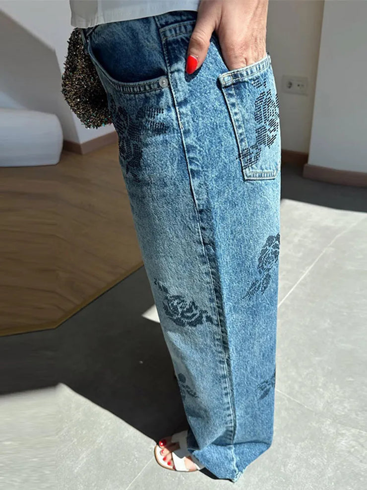 Emorelle™ Denim Rose Printed Pants