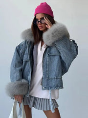Emorelle™ Denim Faux Fur Collar Jacket