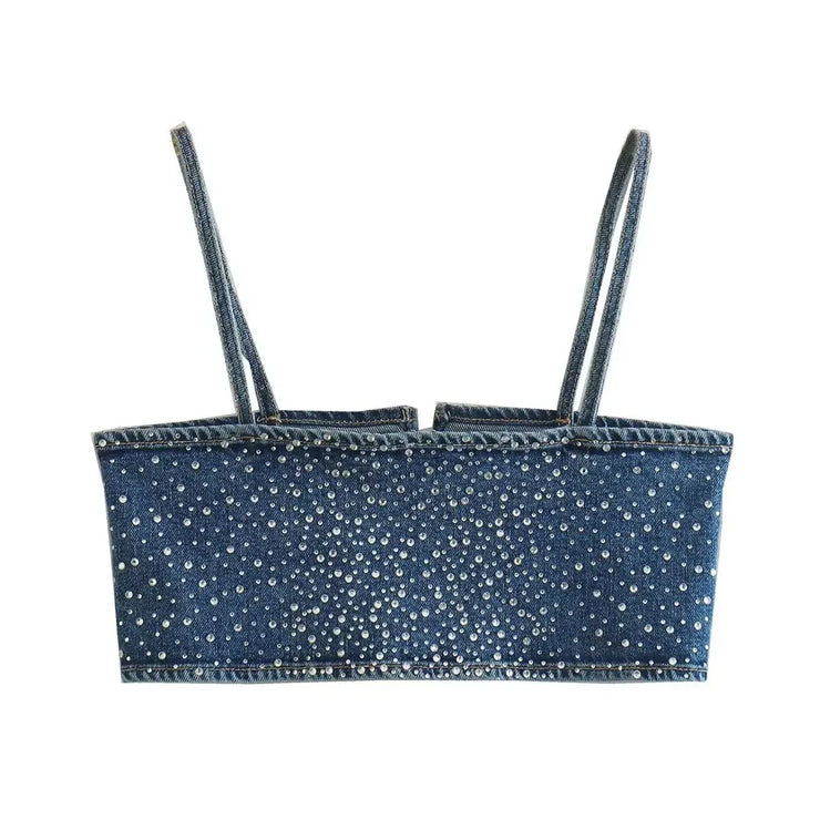 Emorelle™ Strappy Denim Crop Top with Rhinestones