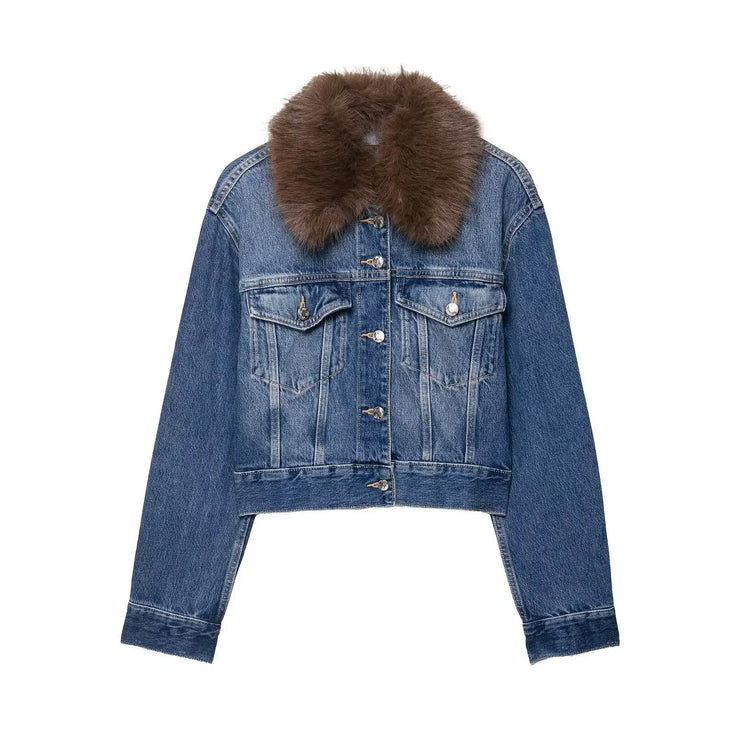 Emorelle™ Denim Jacket with Brown Fur Collar