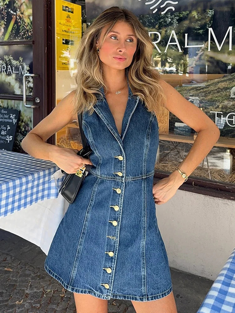 Mini Sleeveless Collar Denim Dress – Emorelle