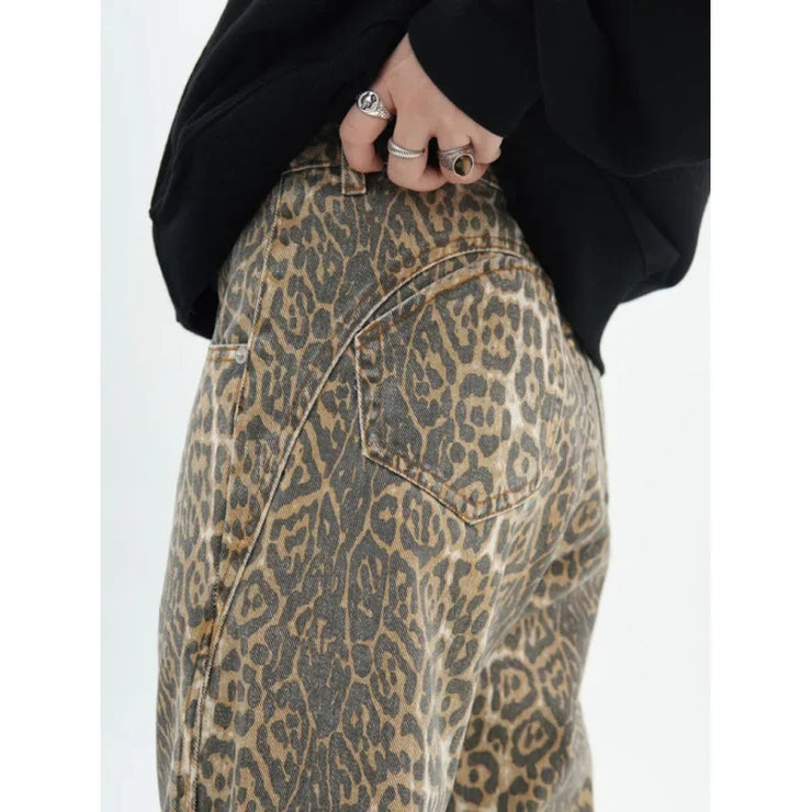 Emorelle™ Denim Leopard Print Washed Pants