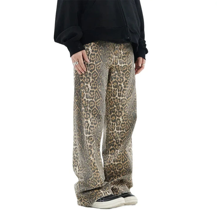 Emorelle™ Denim Leopard Print Washed Pants