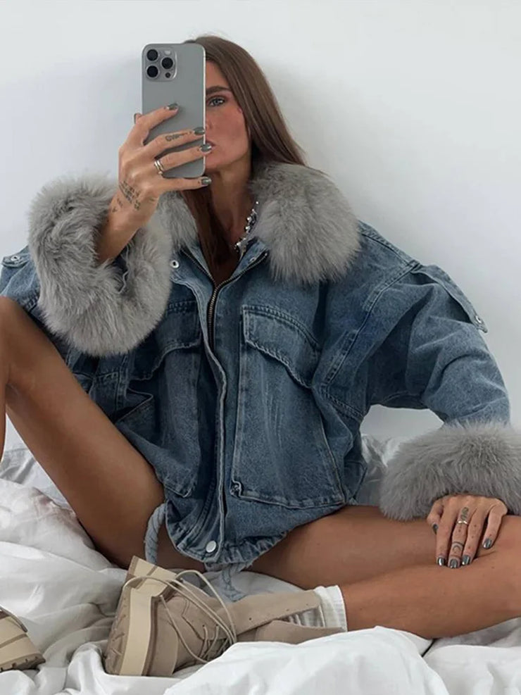 Emorelle™ Denim Faux Fur Collar Jacket