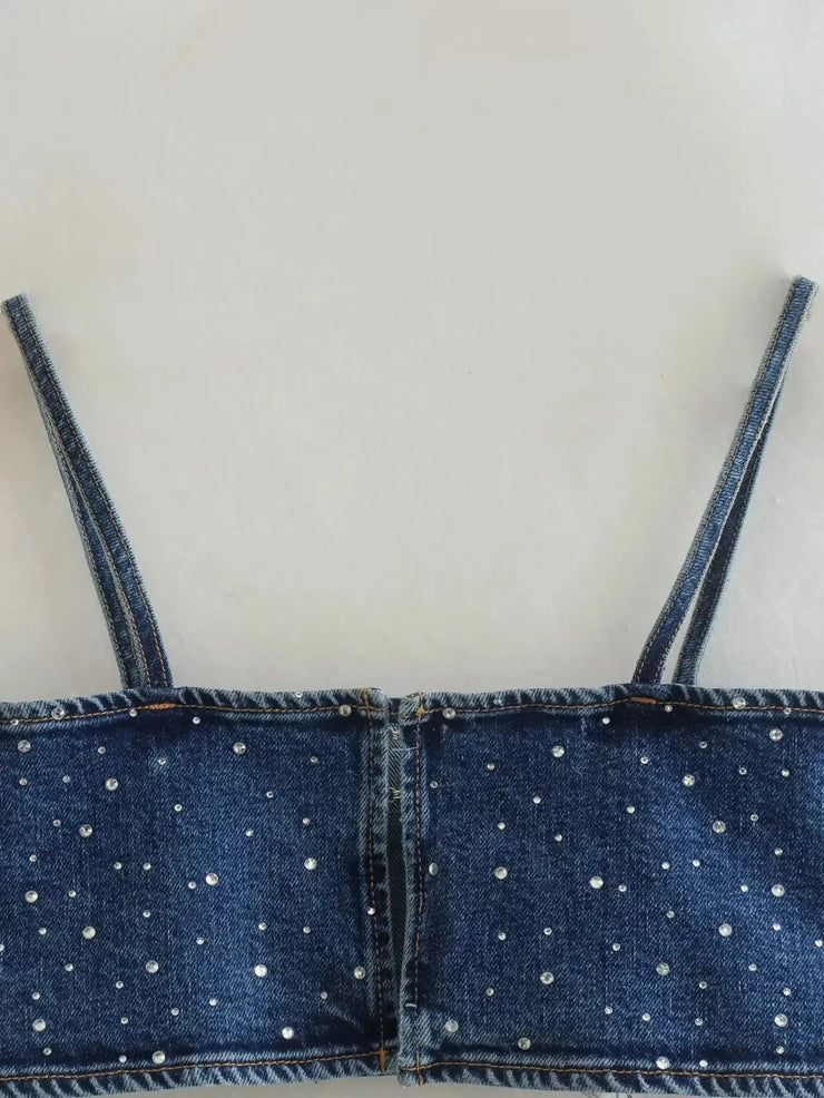Emorelle™ Strappy Denim Crop Top with Rhinestones